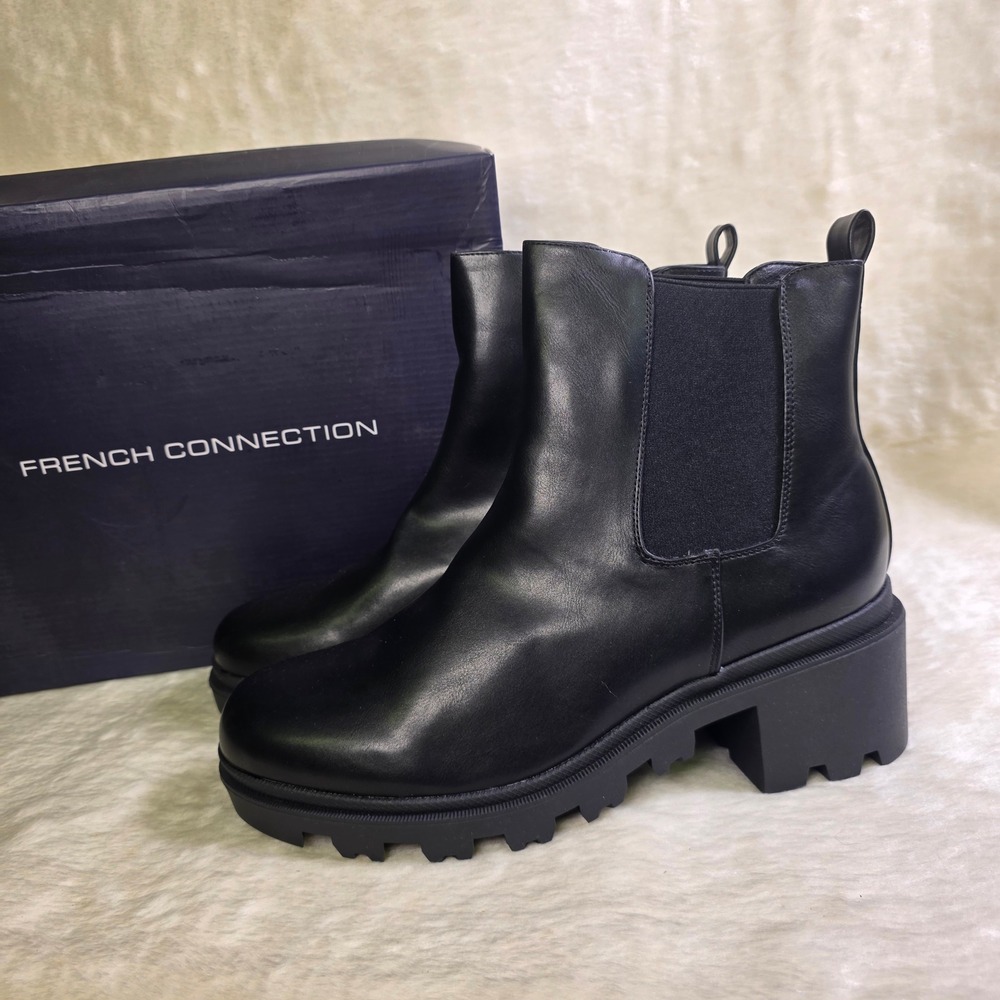 French Connection Chelsea Boots Black Vegan Leather Lug Sole Womens 11 NEW